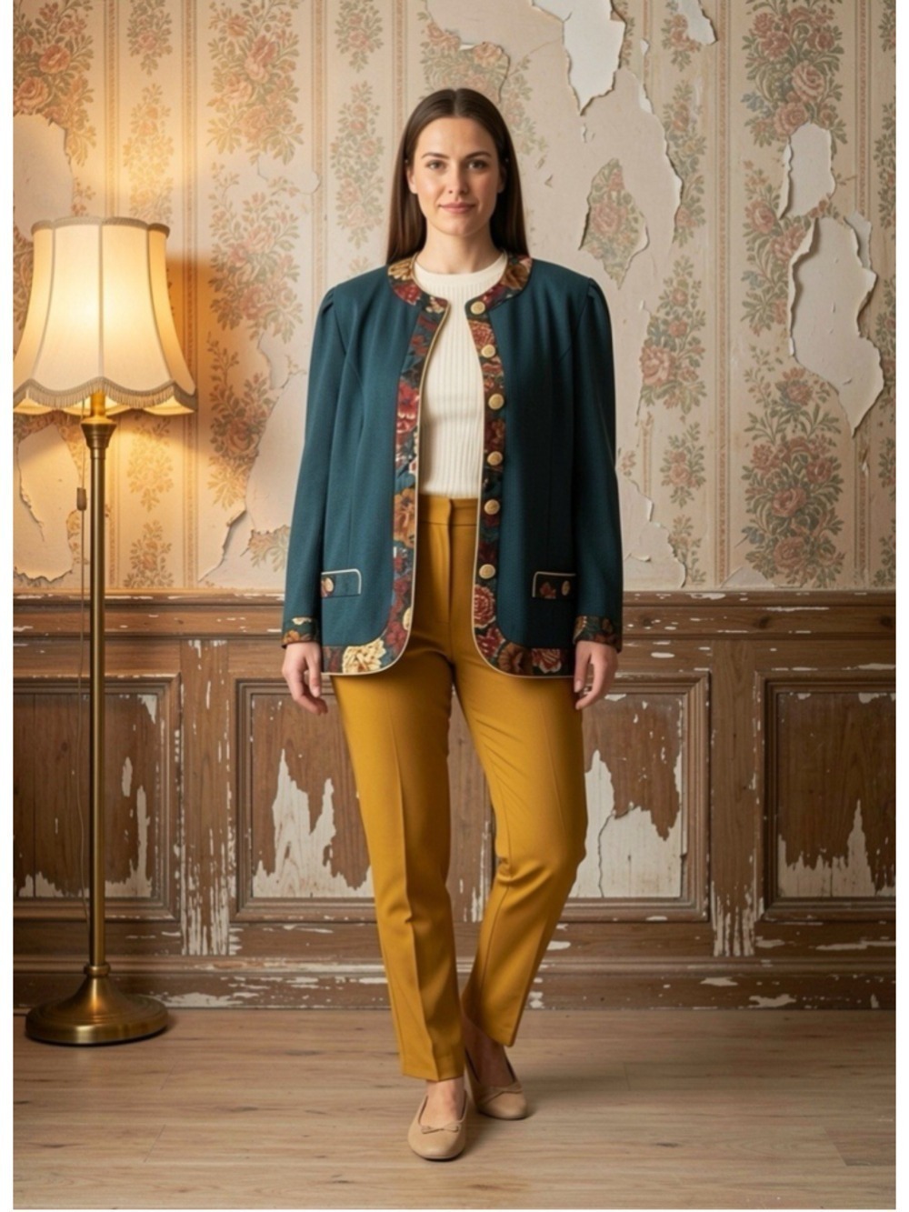Vintage 80s Jeffrey & Dara Green Knit Blazer Floral Paisley Gold Button Jacket